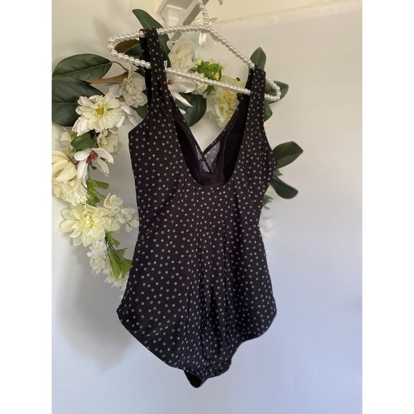 Snozu Vtg Black Polka Dot Stretch Nylon Slimming Ruched One Piece Swimsuit Sz 10 - Picture 8 of 12
